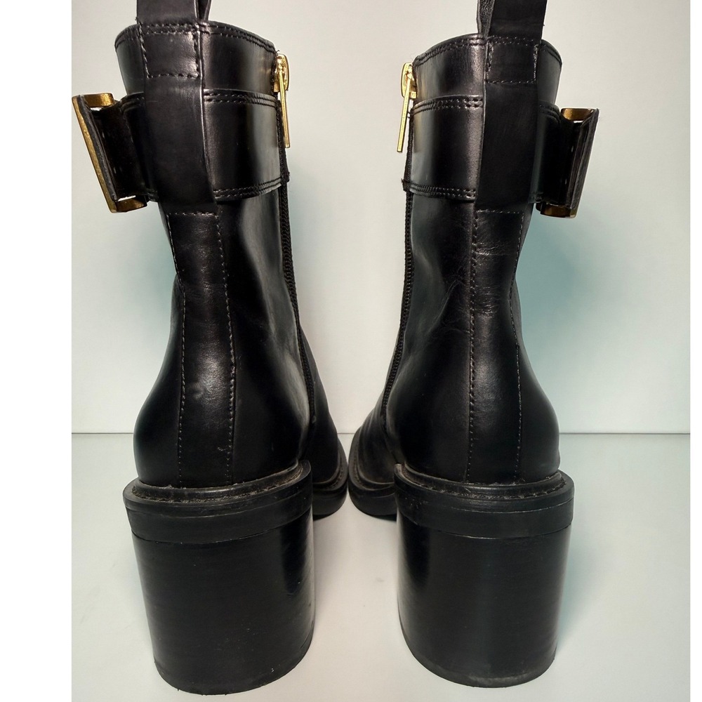 Vince Camuto Black Leather Moto Ankle Boots Gold Buckle Block‎ Heel Square Toe - Picture 4 of 15